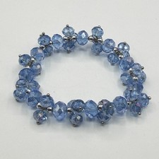 Blue Faceted Glass Bead Flower Cluster Stretch Bracelet Silver Tone Statement