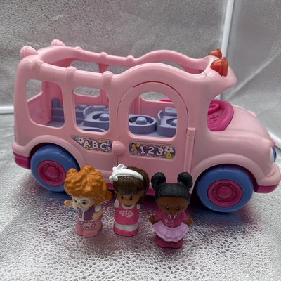 #ad Fisher Price Little People Lil Movers Pink School Bus w Sounds amp; 3 People Lot $24.00