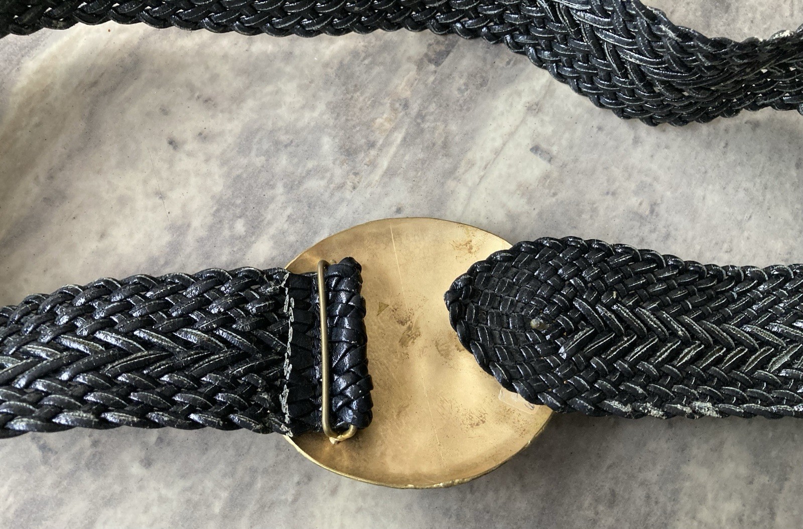 RARE-VTG Black Braided Leather Belt Large Metal Buckle Faux Gems Retro-2.5" Wide image 6