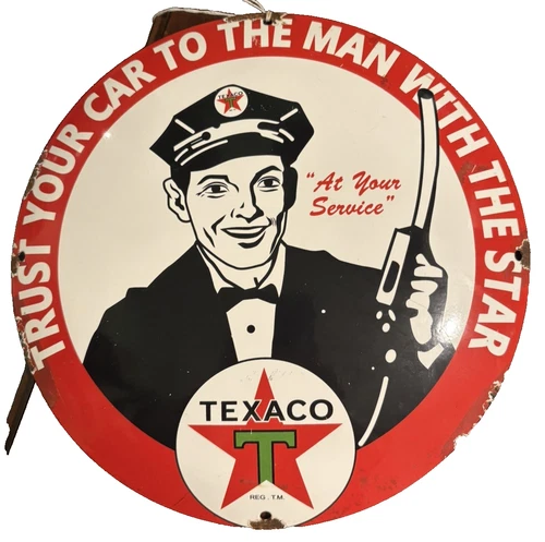 VINTAGE 1960s TEXACO  12" PORCELAIN SIGN "TRUST YOUR CAR TO THE MAN" RAISED FORM