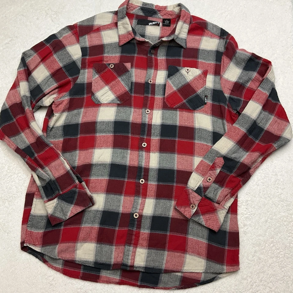 RUSTY Men’s Red Gray Cream Plaid Flannel Long Sleeve Button Down Shirt Size XL - Image 2 of 4