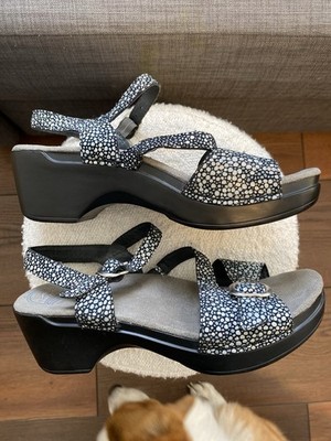 Dan Ski Black and White Sandi Shagreen Buckle Heel Strap Sandal