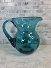 BLENKO Hand Blown Teal Blue Optic Glass Pitcher 6” Tall