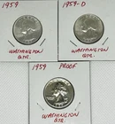 1959 GEM BU Silver Washington Quarter Lot (P & D) + Proof 25c US Coin .900 (3)