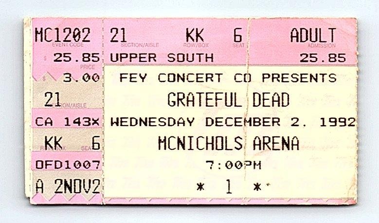 Grateful Dead Concert Ticket Stub December 2 1992 Denver Colorado