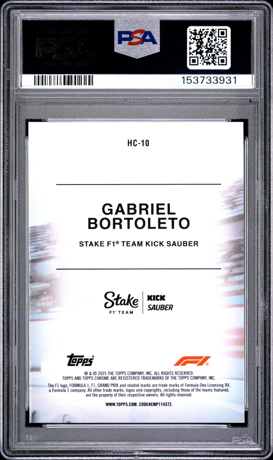 2025 TOPPS CHROME FORMULA 1 HELMET COLLECTION #HC-10 GABRIEL BORTOLETO PSA 10 view 2