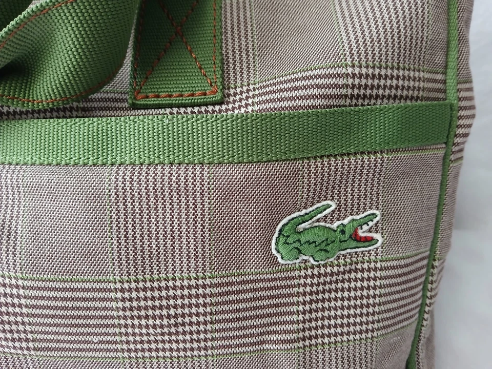 Bolso de Mano de Hombro LACOSTE Vintage Estilo Lona Bolso de Mano (A Cuadros con Verde) Nuevo Foto 2 de 4