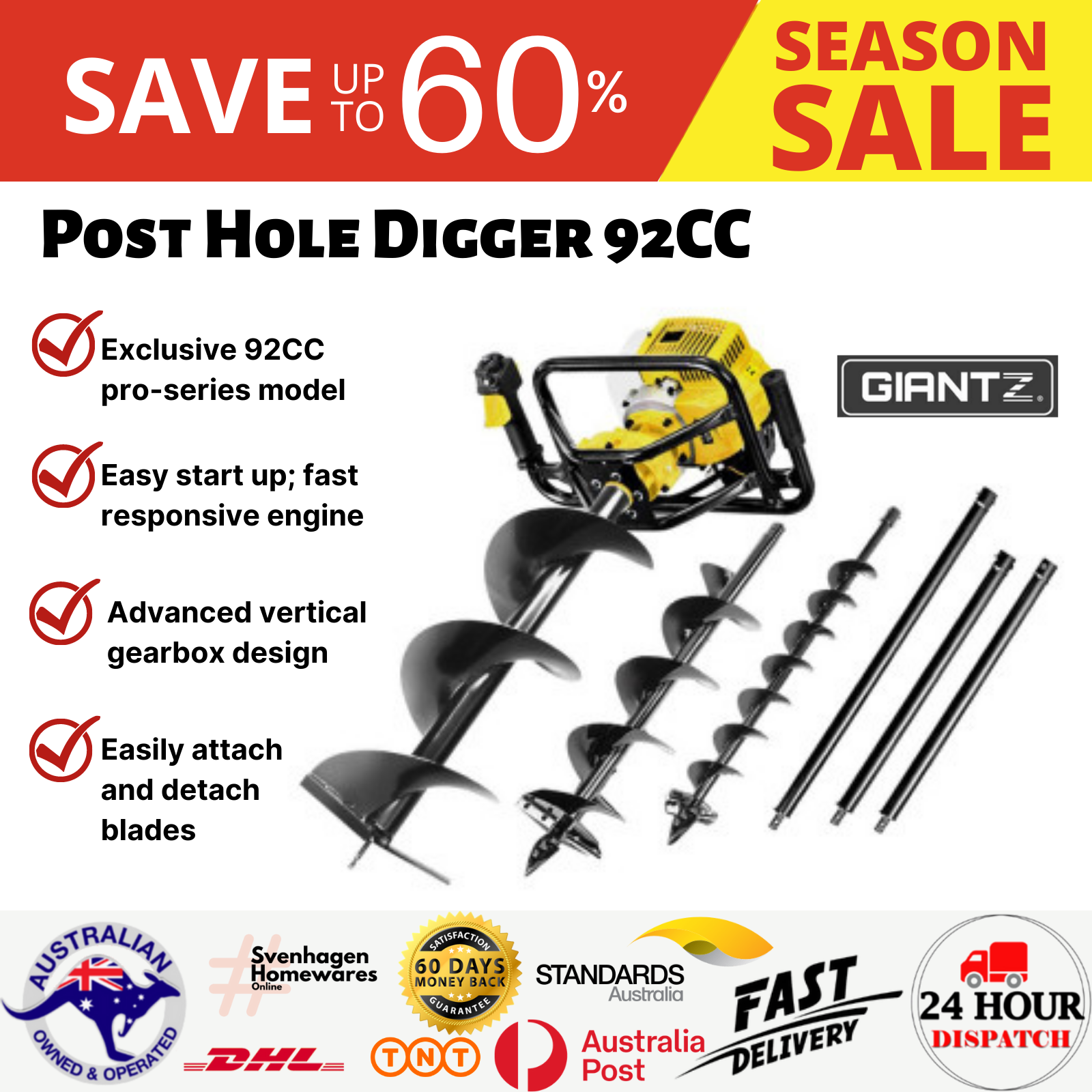 Giantz Post Hole Digger 92CC Petrol Auger Diggers Drill Borer Fence