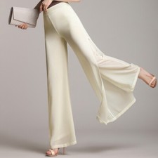 Lady Chiffon Flared Pants Side Split High Waist Wide Leg Trousers Summer Fashion