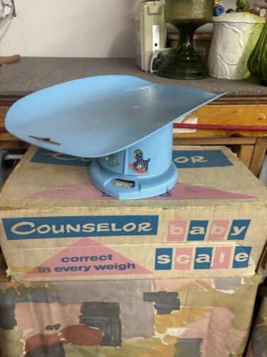 Vintage Counselor Metal Baby Scale 1950's Baby Room Decor Blue Bunny Horse