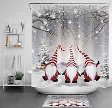 Forest Snowy Pine Tree Winter Cute Gnome Shower Curtain Set for Bathroom Decor