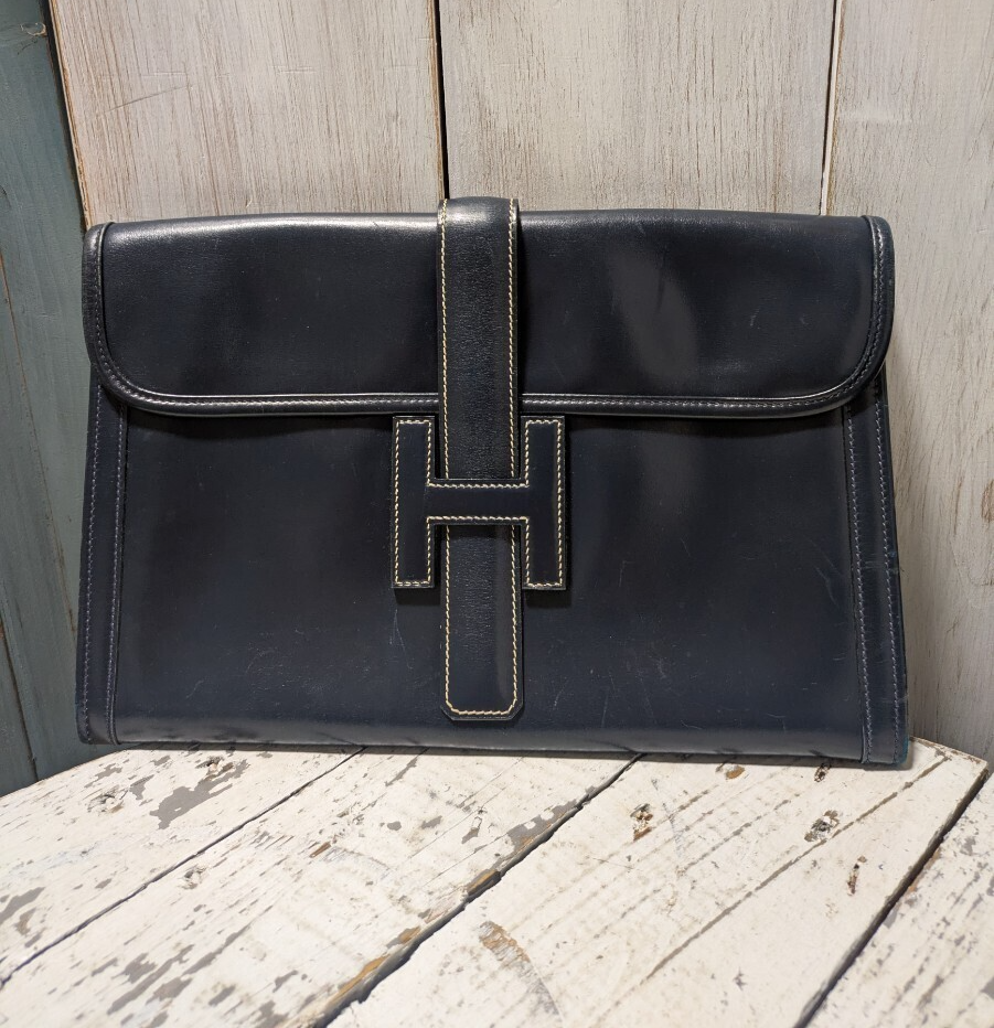 Authentic Hermes Jige PM Black Box Calf Clutch with White Stitch