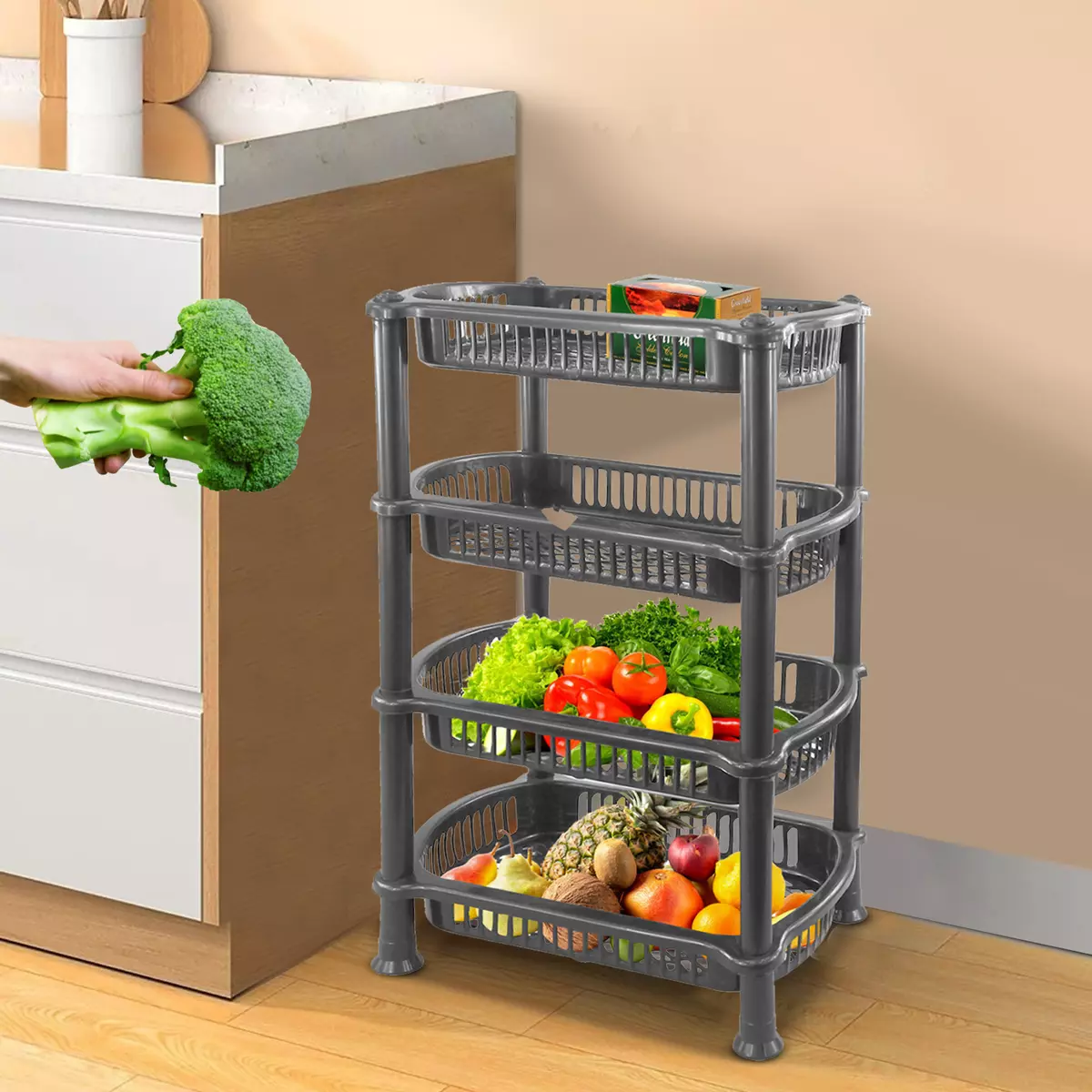 Wood Fruit Vegetable Storage Rack Stand, 4-Tier Storage Organizer   Vegetable storage rack, Vegetable storage, Kitchen vegetable storage