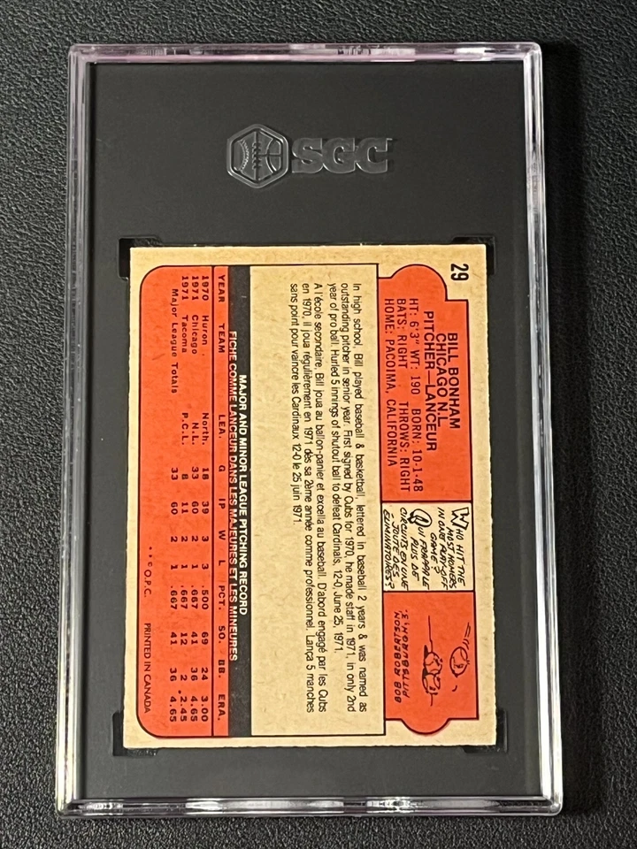 1972 O-Pee-Chee #29 BILL BONHAM Chicago Cubs PSA 4 NEWLY-GRADED! - Image 2 of 3