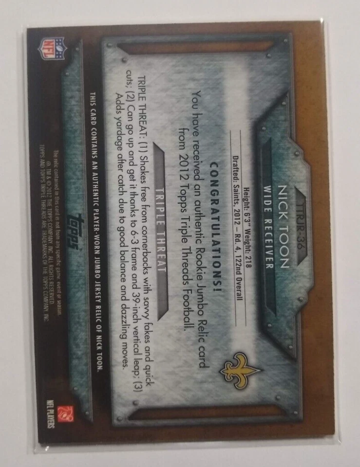 2012 Topps Triple Threads Nick Toon RC Jersey Card #ed 4/75 Saints   - Image 2 of 2