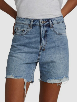 $170 Ksubi Women's Blue Cut-Off Distressed Racer High-Waist Denim Shorts Size 26