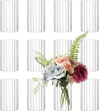 12 Cylindrical Glass Vases for Centerpieces, 6-inch Clear Ribbed Bud Vase