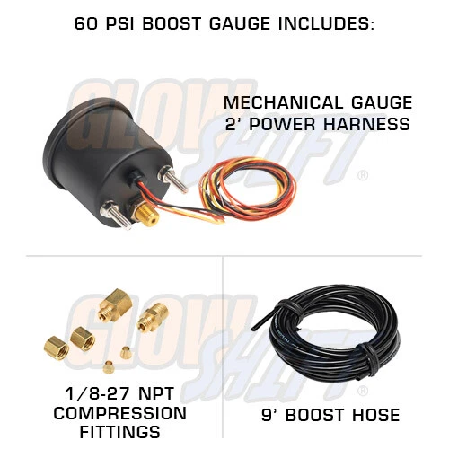 GlowShift 52mm Black 7 Color 60PSI Diesel Boost + 1500F EGT Pyrometer Gauge Set - Image 2 of 4