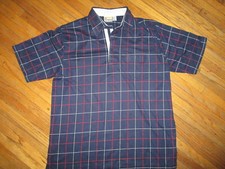 vtg 80s 90s LONDON FOG POLO SHIRT Dark Blue Stripe Check Geometric Mens LARGE