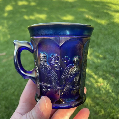 Signed Northwood Blue SINGING BIRDS Carnival Glass Mug ~ Gorgeous Color!