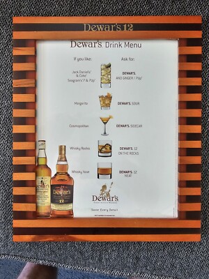 Dewar's 12 Scotch Whisky Wall Bar Frame Drink Menu White Label Special Reserve