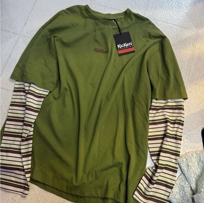 Kickers Olive Long Sleeve Layered Shirt Women's With Stripes Size Medium BNWT