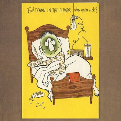 Unused Vintage Fantusy FUNNY GET WELL Card, Sick Man Bed Green Face Dumps Humor