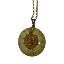 Vintage Pressed Flower Resin Necklace Yellow Daisy Pendant on Gold Tone Chain