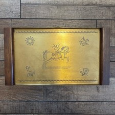 Vintage L.F. Grammes & Sons Etched Brass Serving Tray Art Deco Wood Handles PA