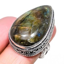 Natural Labradorite Gemstone 925 Sterling Silver Ring Size 7 k303