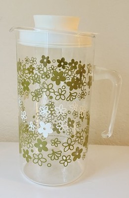 Vintage Pyrex Spring Blossom Crazy Daisy Glass Pitcher Green White