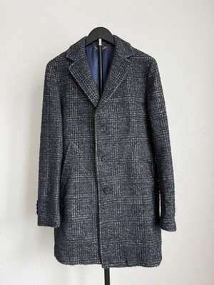 Manuel Ritz Mens 48T Navy Blue Plaid Wool Blend Single Breasted Pea Coat Jacket