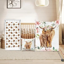 Baby Crib Bedding Set - Highland Cow Design Nursery Bedding 3 Pcs Set - Chic Sof