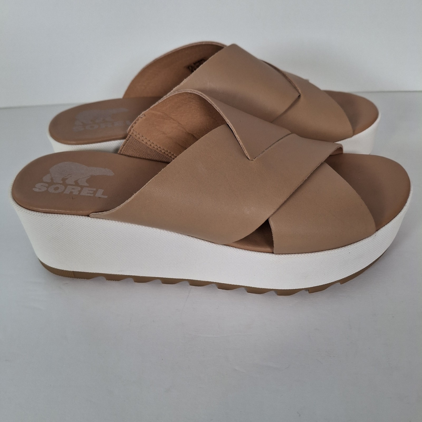 Sorel Cameron Flatform Mule Sandals Women 7.5 Honest Beige Leather Slip On