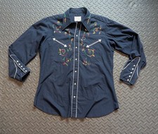 Vintage 1960s H Bar C CA Embroidered Pearl Snap Blue Western Cowboy Shirt M/L
