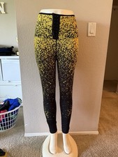 Yellow Black Splatter Print Ankle Leggings High Rise Elastic Waist Hook  Eye