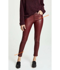 Womens Burgundy Lambskin Leather Pants High Waist Skinny Slim Fit Casual Wear