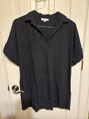 Umgee Black White Frayed Hemline  Oversized V Neck Shirt Dress Womens XL