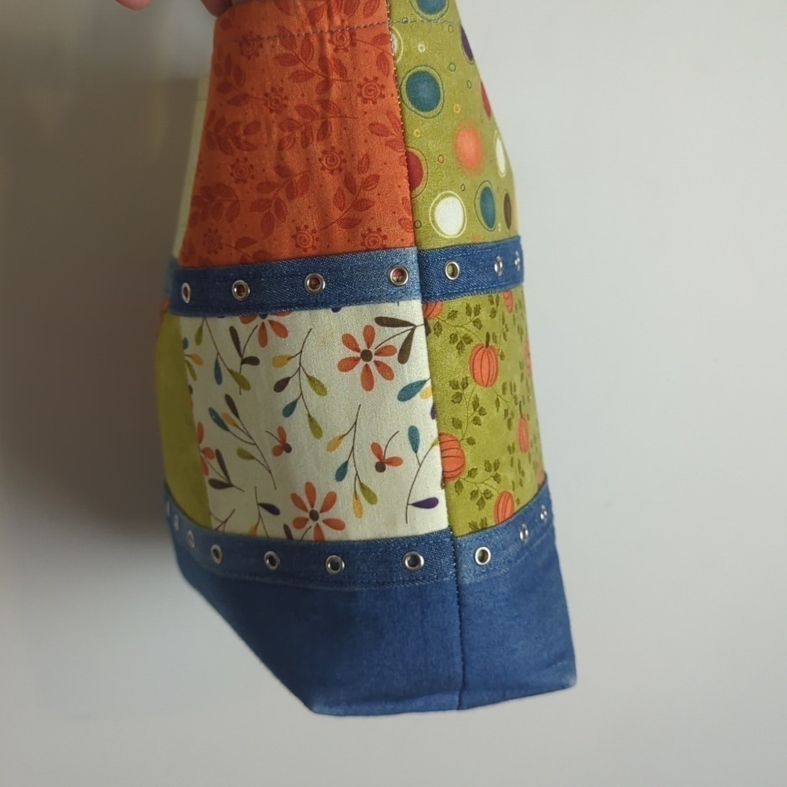 Denim Patchwork Studded Handbag/ Tote Handmade Fa… - image 4