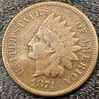 1874 United States Indian Head Cent - Semi-Key Date - Fine Details - Bent