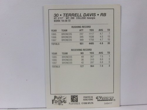 1998 Starting Lineup Card Terrell Davis - Picture 2 of 2