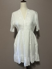 TUNIC DRESS LUCKY BRAND SZ S/P WHITE PULLOVER SHORT SLEEVE V NECK POCKETS COTTON