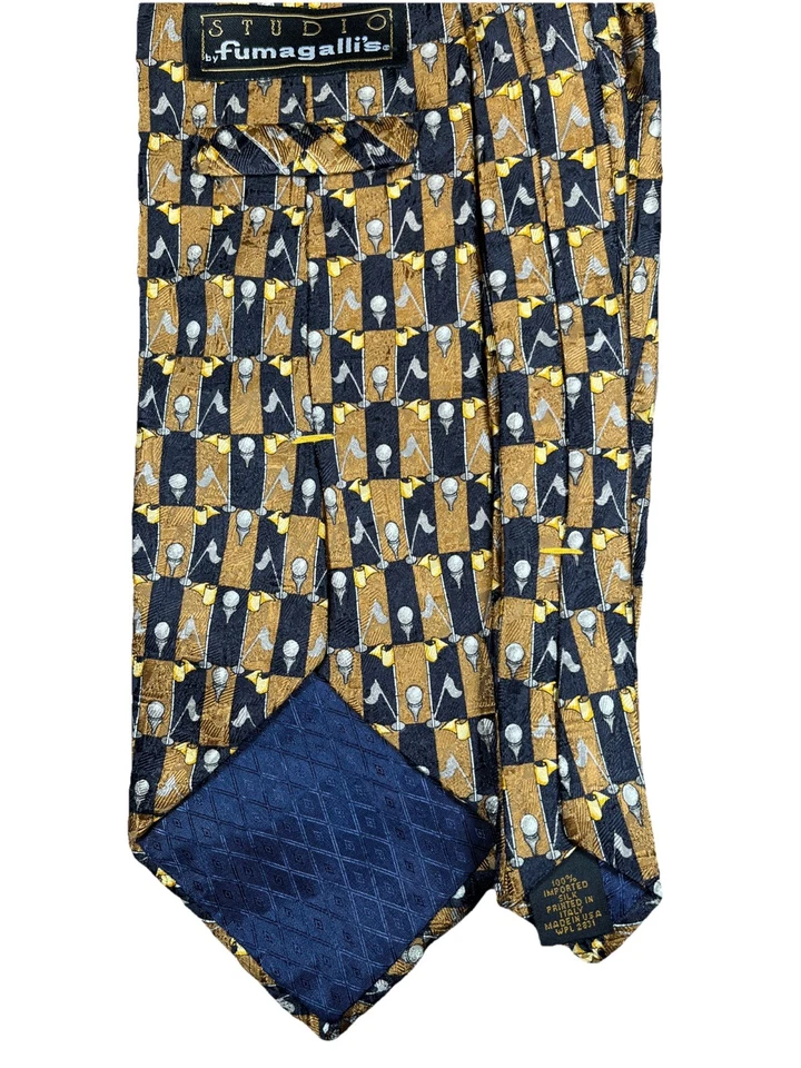 Corbata de golf Studio Fumagalli para hombre patrón putt negro marrón amarillo 100 % seda 57" Foto 3 de 3