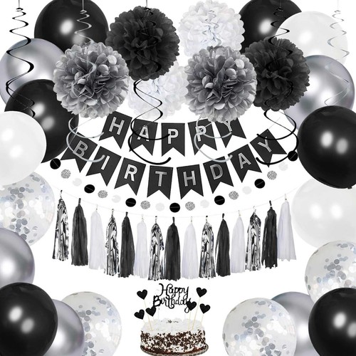 Birthday Decorations for Men, Black and Silver Happy Birthday Party Decoratio...