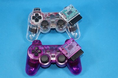 FOR PLAYSTATION PS2 Dual Vibration WIRELESS Controller CLEAR & PURPLE SET OF 2
