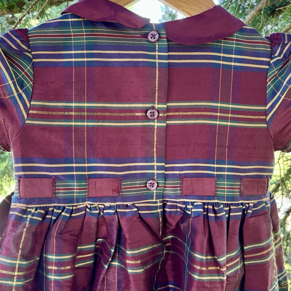Vestido vintage de seda Janie and Jack para niños pequeños 3T patrón a cuadros borgoña y dorado Foto 4 de 4