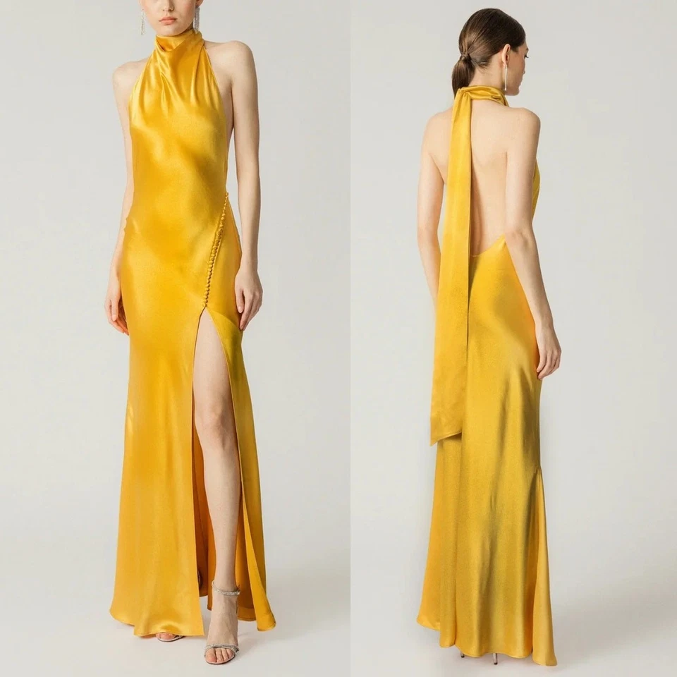 NUEVO CON ETIQUETAS Sau Lee Penélope Vestido de Satén Sin Espalda EE. UU. 4 Dorado Amarillo Vestido de Noche Formal Foto 2 de 4