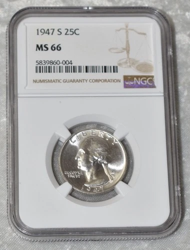 1947 S WASHINGTON QUARTER 90% SILVER NGC MS 66 MS66 SAN FRANCISCO MINT 25¢ COIN