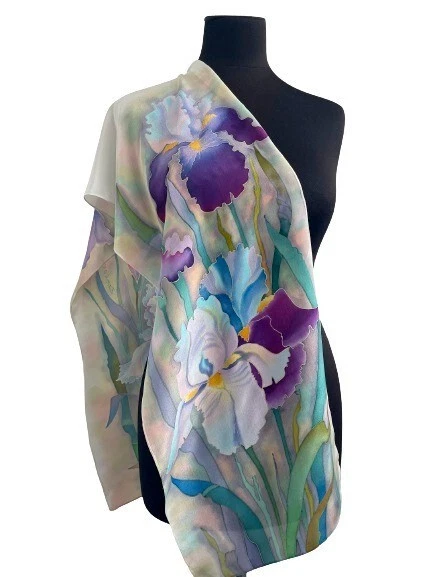 Hand Painted Natural Silk Scarf Irises Gift Ideas for Women.