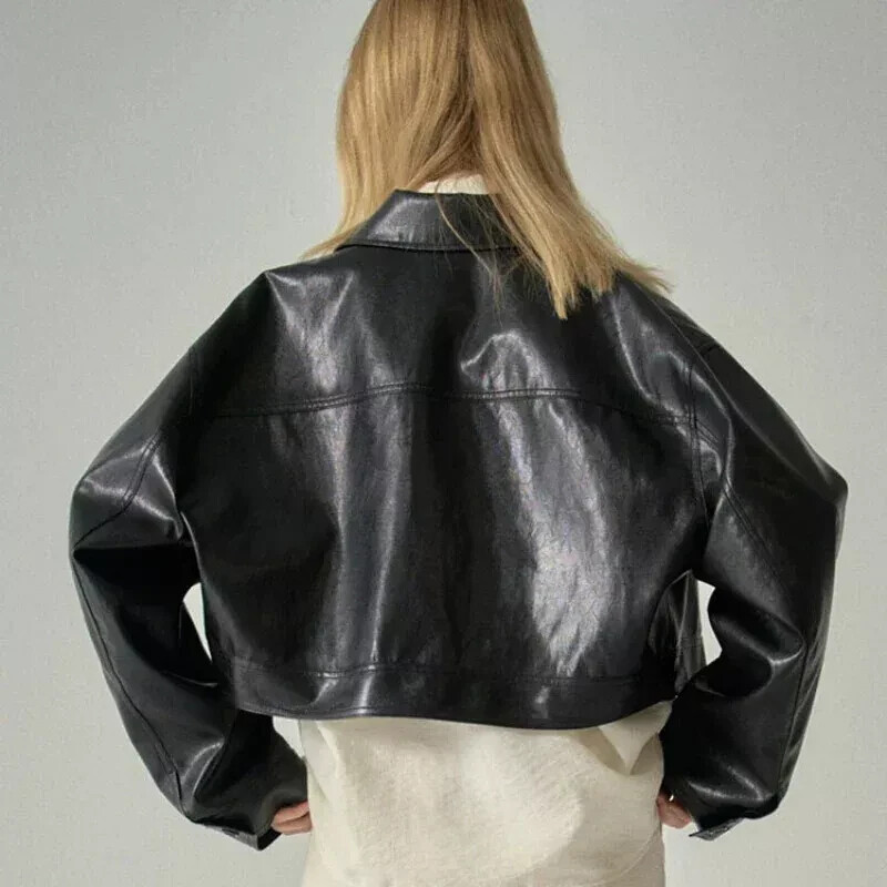 Women's Vintage 90s Black and Brown Crop Leather Jacket Oversized